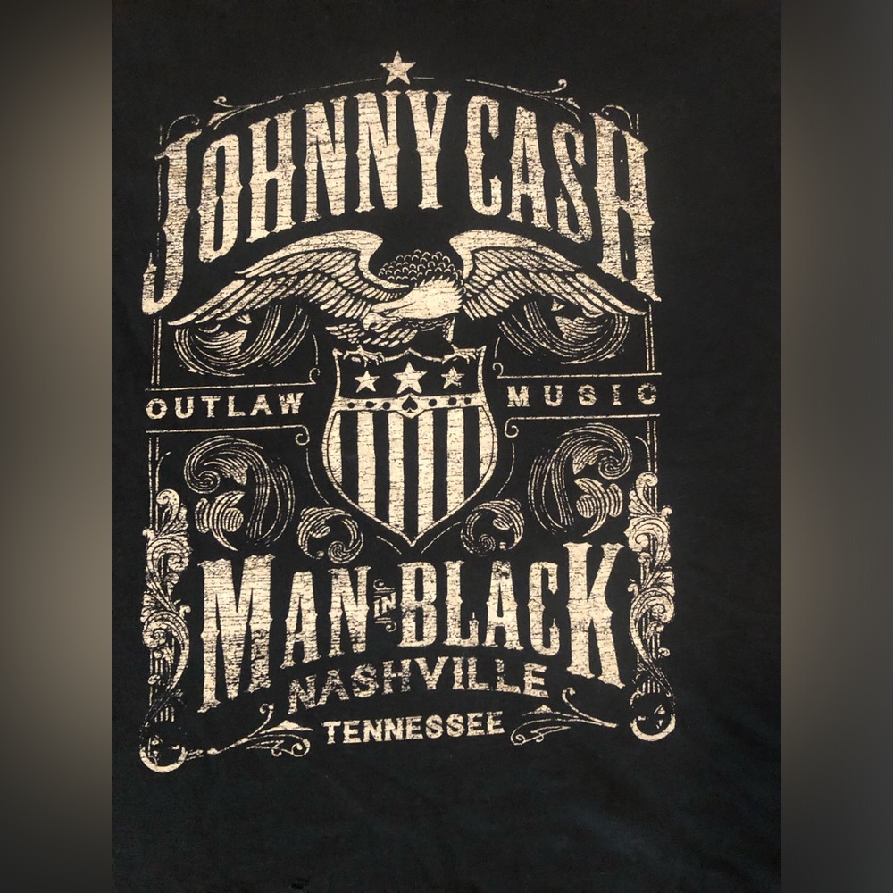 Johnny Cash Outlaw Music T-Shirt , Black With White Letters & Design 
Size M